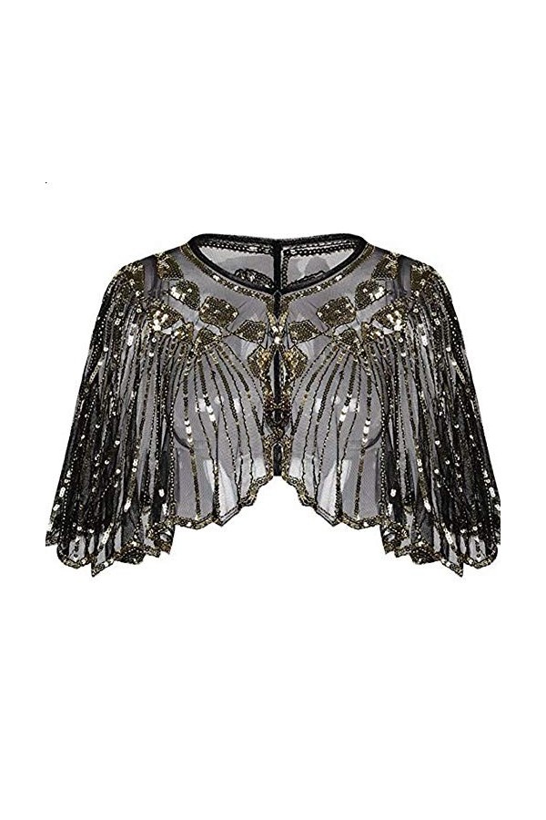 Central Chic © Châle vintage à paillettes et perles pour mariage, soirée, fête de Noël Gatsby les années 1920 - Noir - Taille