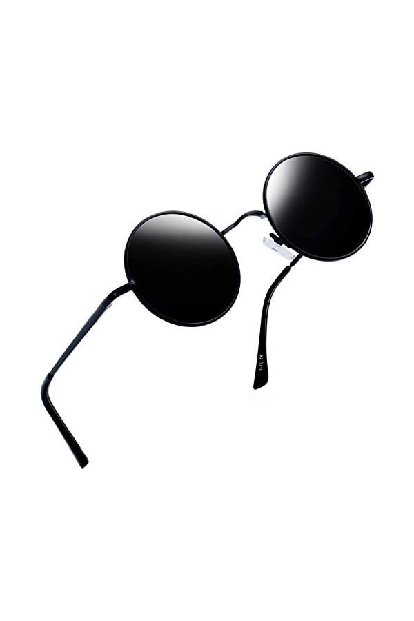 Joopin Lunettes de Soleil Homme Rétro Hippie Lunette de Soleil Femme Ronde Polarisée Lunettes Ronde Simple UV400 Noir Gris 