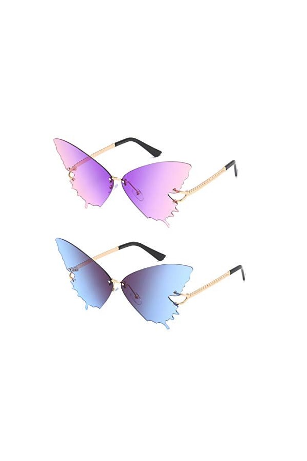 N A Lunettes de Soleil Papillon Mode pour Femmes Lunettes à Monture Métallique Vintage Protection UV Mauve rose + Bleu Gris 