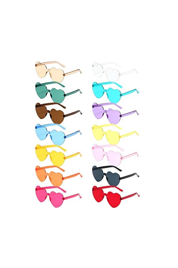 14 Paires de Lunettes Soleil Sans Monture en Forme Coeur Lunettes Soleil Coeur Sans Cadre Verres Clairs Couleur Bonbon Lentil