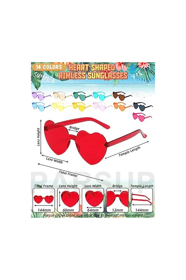 14 Paires de Lunettes Soleil Sans Monture en Forme Coeur Lunettes Soleil Coeur Sans Cadre Verres Clairs Couleur Bonbon Lentil