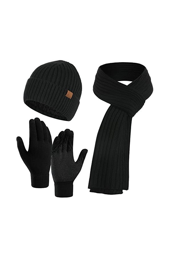 Ensemble de 3 pièces dhiver unisexe avec bonnet, écharpe, gants chauds en tricot pour écran tactile, tenue longue écharpe po