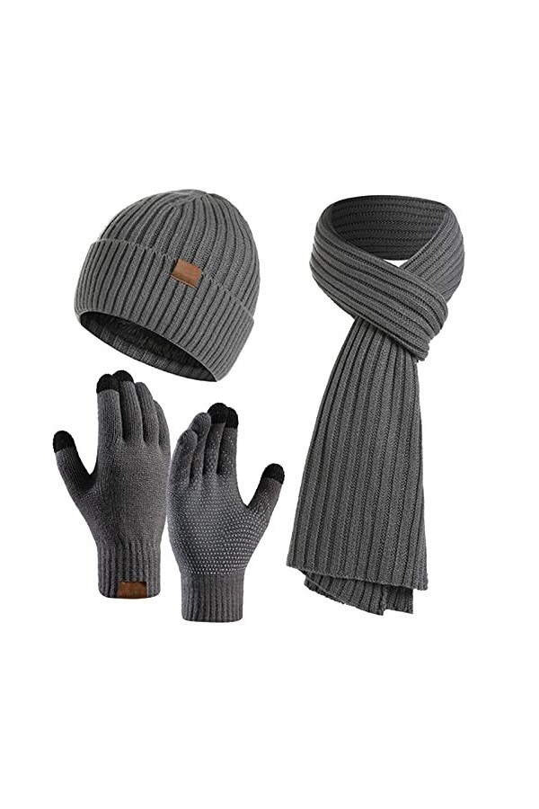 Ensemble de 3 pièces dhiver unisexe avec bonnet, écharpe, gants chauds en tricot pour écran tactile, tenue longue écharpe po