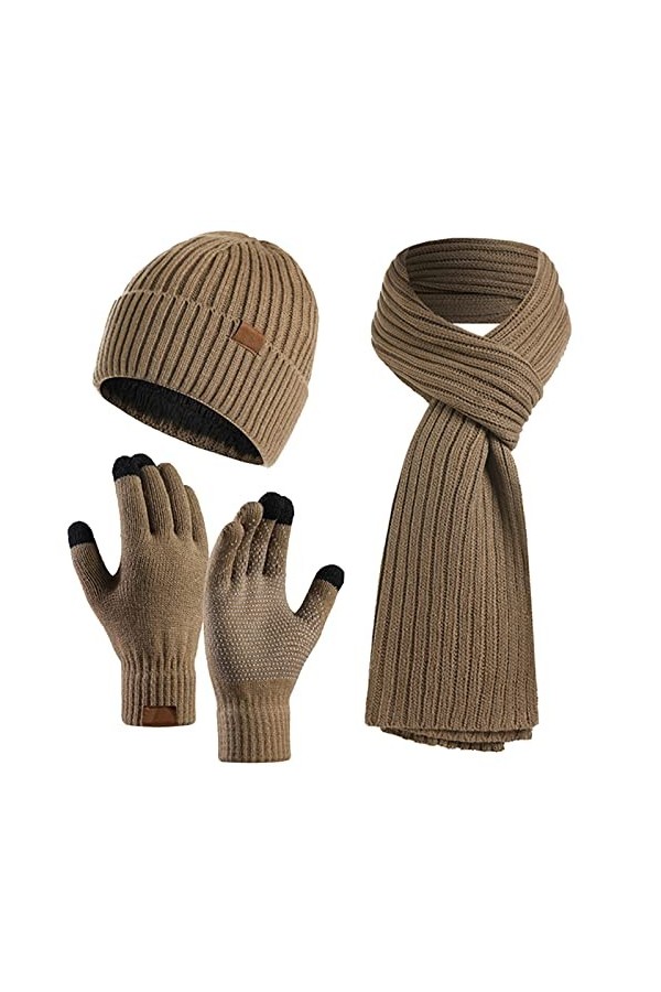 Ensemble de 3 pièces dhiver unisexe avec bonnet, écharpe, gants chauds en tricot pour écran tactile, tenue longue écharpe po