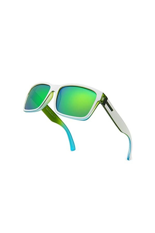 LECKIRUT Lunettes de soleil homme femme polarisées Rectangulaire Grande Rétro Unisexe UV400 Protection cadre verte blanche le