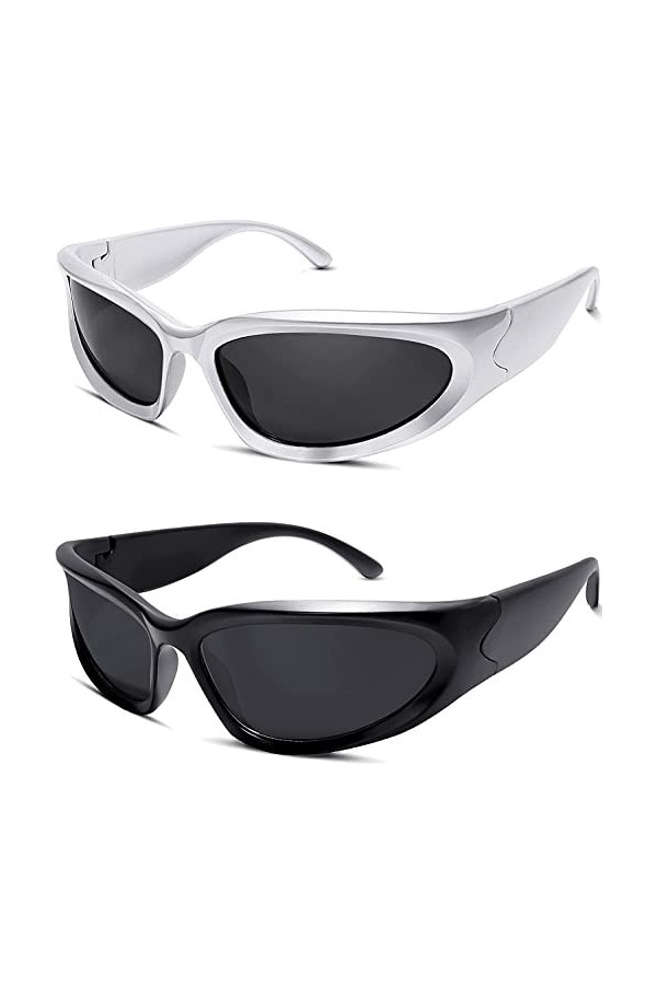 Vagbalena 2 paires Y2K lunettes de soleil enveloppantes Sport futuriste lunettes ovales Punk ombre lunettes de soleil femmes 