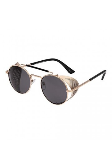 Ultra Dore avec des Verres Noir Lunettes de Soleil Steampunk Foncé Lunettes Rétro Rondes Gothiques Métal Femmes Hommes Cyber 