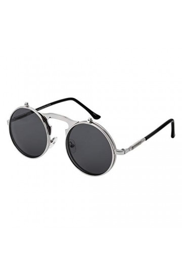 Ultra Argent Avec Lentilles Noires Flip Up Lunettes Steampunk à Verres Vintage Homme Femme Unisex Uv400 UVA UVB Protection Lé