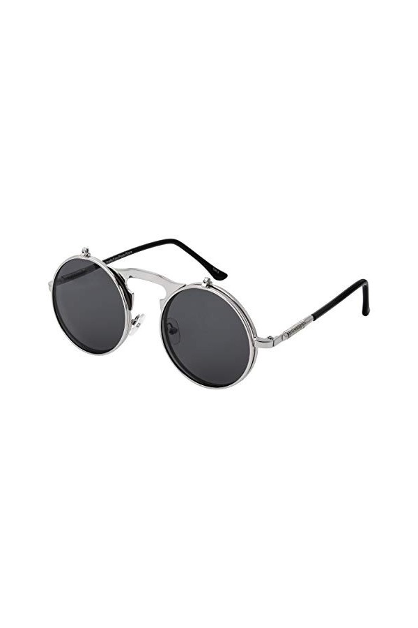 Ultra Argent Avec Lentilles Noires Flip Up Lunettes Steampunk à Verres Vintage Homme Femme Unisex Uv400 UVA UVB Protection Lé