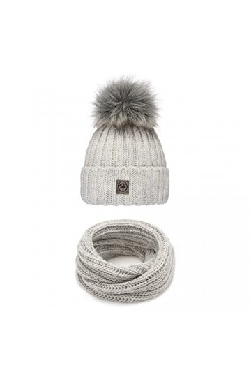 Bonnet en tricot et Loop - Grand pompon en fourrure synthétique - Ensemble d’hiver - Bonnet et écharpe 2 en 1 - Ensemble dhi