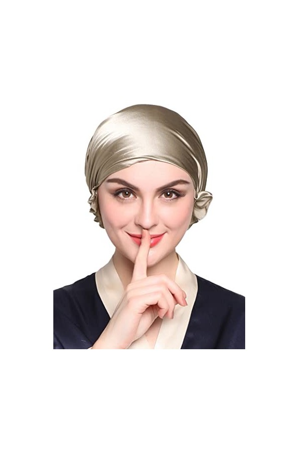 LilySilk Bonnet de nuit 100 % soie pour femme avec ruban 19 momme véritable soie de mûrier 7004, taupe, taille unique