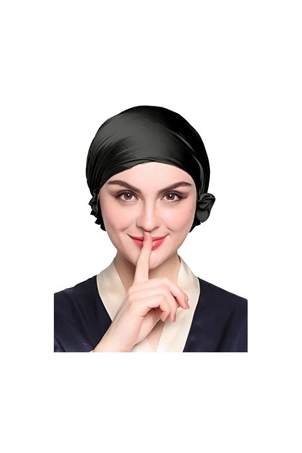 LilySilk Bonnet de Nuit Soie de Mûrier pour Femme Bonnet de Sommeil Chapeau Soin des Cheveux Noir