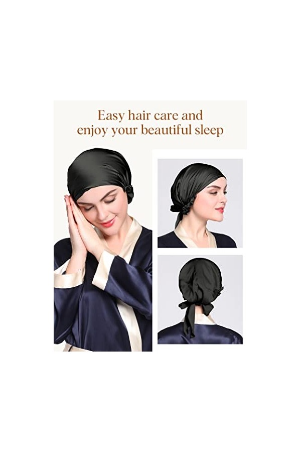 LilySilk Bonnet de Nuit Soie de Mûrier pour Femme Bonnet de Sommeil Chapeau Soin des Cheveux Noir