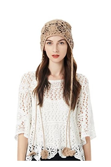 ZLYC Bonnet tricoté en Coton pour Femme, Fait à la Main, tricoté au Crochet, Motif Floral, Kaki Solide, Taille Unique