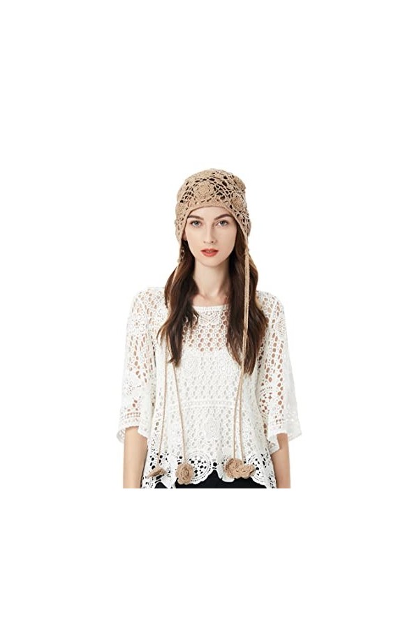 ZLYC Bonnet tricoté en Coton pour Femme, Fait à la Main, tricoté au Crochet, Motif Floral, Kaki Solide, Taille Unique