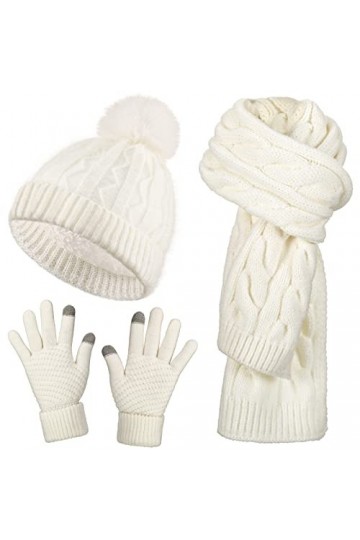 Set de Gants et Écharpe Bonnet en Tricot Set de 3 Pcs dHiver Froid Gants Blancs Écharpe Longue Chaude Bonnet en Câble Doux
