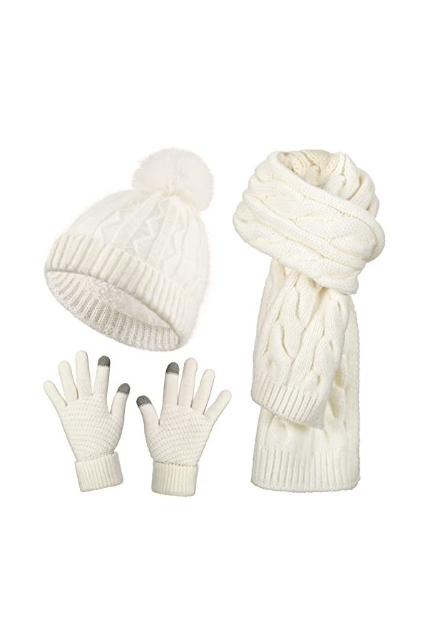 Set de Gants et Écharpe Bonnet en Tricot Set de 3 Pcs dHiver Froid Gants Blancs Écharpe Longue Chaude Bonnet en Câble Doux