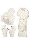 Set de Gants et Écharpe Bonnet en Tricot Set de 3 Pcs dHiver Froid Gants Blancs Écharpe Longue Chaude Bonnet en Câble Doux