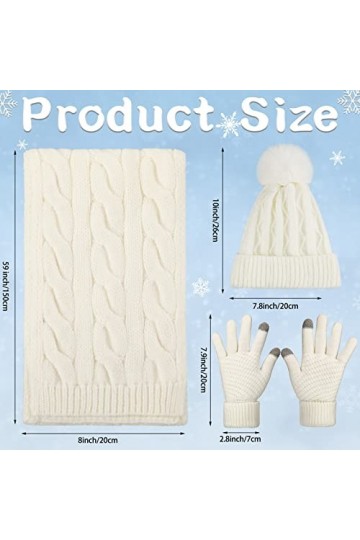 Set de Gants et Écharpe Bonnet en Tricot Set de 3 Pcs dHiver Froid Gants Blancs Écharpe Longue Chaude Bonnet en Câble Doux