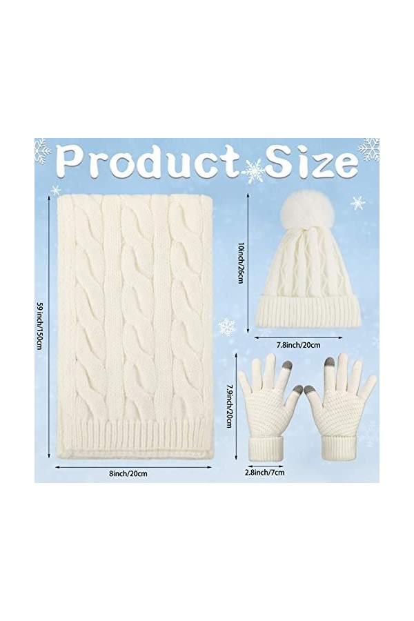 Set de Gants et Écharpe Bonnet en Tricot Set de 3 Pcs dHiver Froid Gants Blancs Écharpe Longue Chaude Bonnet en Câble Doux
