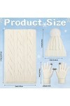 Set de Gants et Écharpe Bonnet en Tricot Set de 3 Pcs dHiver Froid Gants Blancs Écharpe Longue Chaude Bonnet en Câble Doux