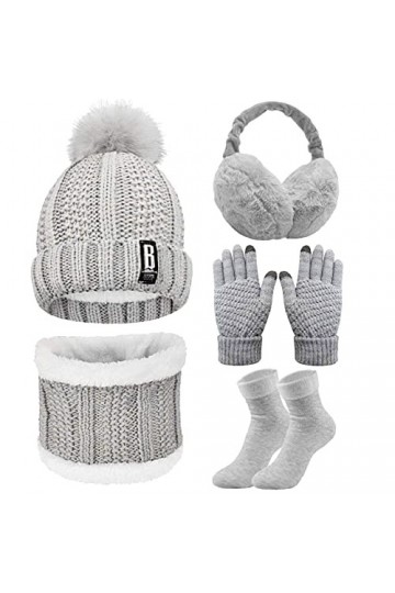 CheChury Femme Tricotés Chapeau Ensemble dhiver Bonnet Chaude Écharpe Gants Écran Tactile Chapeaux Pompom Chaud Tour de Cou 