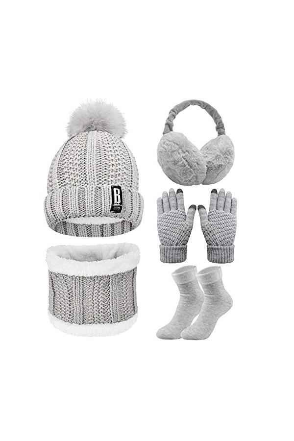 CheChury Femme Tricotés Chapeau Ensemble dhiver Bonnet Chaude Écharpe Gants Écran Tactile Chapeaux Pompom Chaud Tour de Cou 