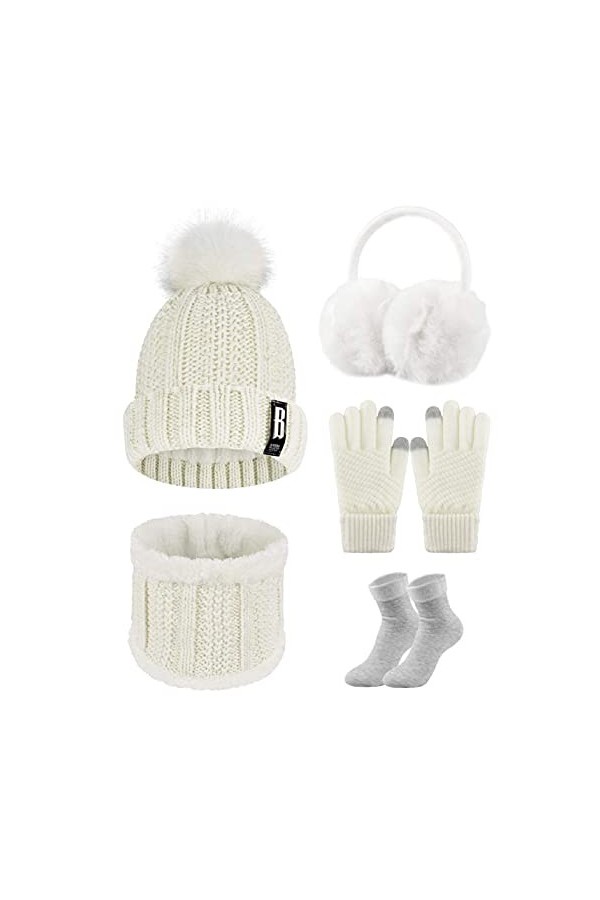 CheChury Femme Tricotés Chapeau Ensemble dhiver Bonnet Chaude Écharpe Gants Écran Tactile Chapeaux Pompom Chaud Tour de Cou 