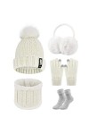 CheChury Femme Tricotés Chapeau Ensemble dhiver Bonnet Chaude Écharpe Gants Écran Tactile Chapeaux Pompom Chaud Tour de Cou 