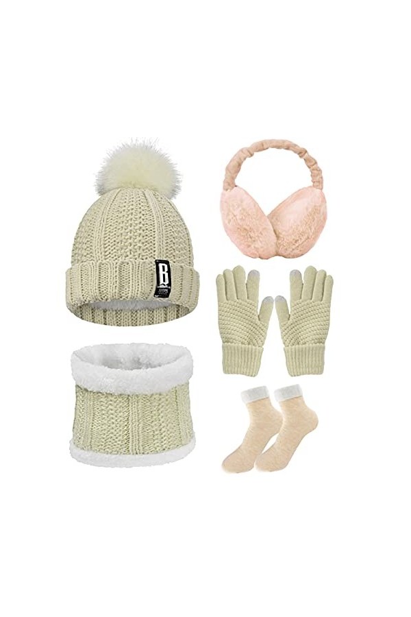 CheChury Femme Tricotés Chapeau Ensemble dhiver Bonnet Chaude Écharpe Gants Écran Tactile Chapeaux Pompom Chaud Tour de Cou 