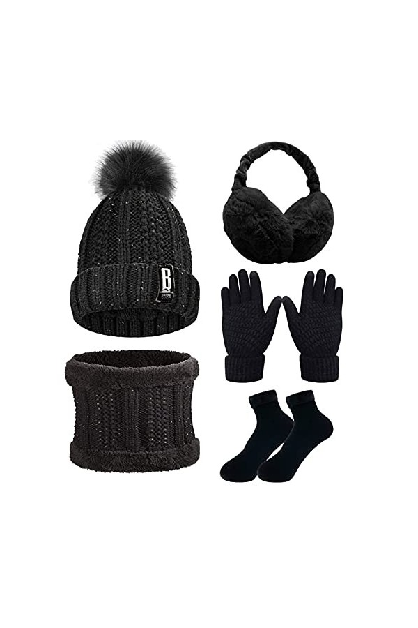 CheChury Femme Tricotés Chapeau Ensemble dhiver Bonnet Chaude Écharpe Gants Écran Tactile Chapeaux Pompom Chaud Tour de Cou 