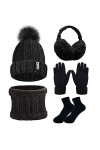 CheChury Femme Tricotés Chapeau Ensemble dhiver Bonnet Chaude Écharpe Gants Écran Tactile Chapeaux Pompom Chaud Tour de Cou 