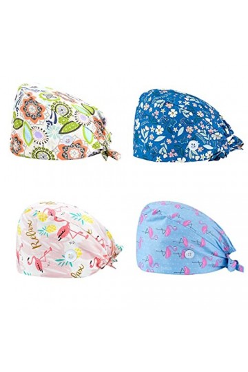 SIMYJOY 4 Pièces Casquettes Bouffantes avec Boutons Bandeau Réglable Casquettes de Travail Turban en Coton Bonnet Imprimées C