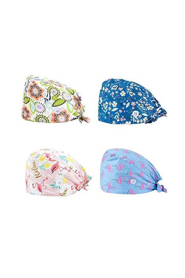 SIMYJOY 4 Pièces Casquettes Bouffantes avec Boutons Bandeau Réglable Casquettes de Travail Turban en Coton Bonnet Imprimées C