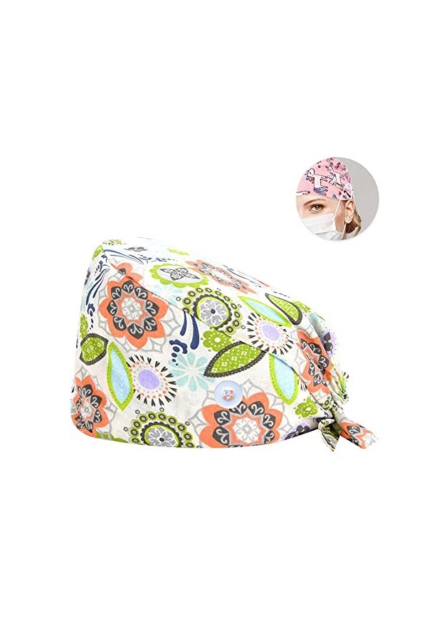 SIMYJOY 4 Pièces Casquettes Bouffantes avec Boutons Bandeau Réglable Casquettes de Travail Turban en Coton Bonnet Imprimées C