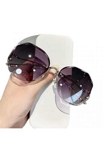 DSAI Lunettes de soleil sans monture pour femme - Coupe à leau - Verres coupés en métal - Branches incurvées - Gris dégradé 