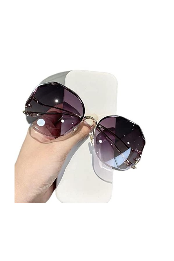 DSAI Lunettes de soleil sans monture pour femme - Coupe à leau - Verres coupés en métal - Branches incurvées - Gris dégradé 