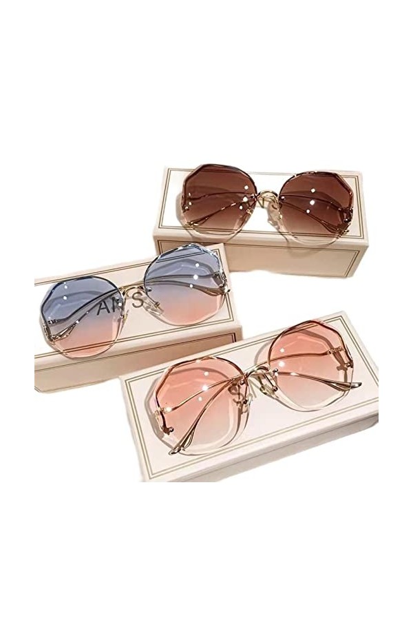 DSAI Lunettes de soleil sans monture pour femme - Coupe à leau - Verres coupés en métal - Branches incurvées - Gris dégradé 