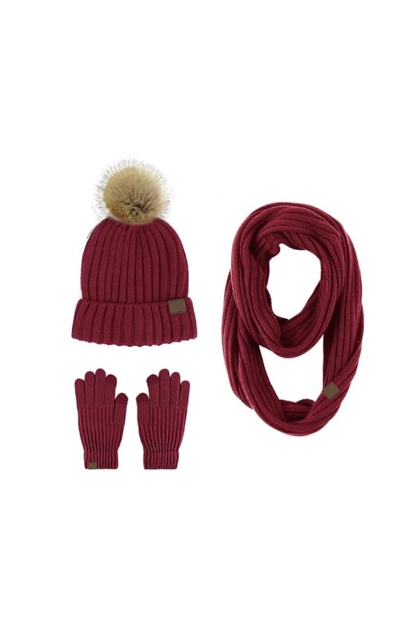 Ensemble Écharpe, Gants Et Chapeau Pour Femme - Bonnet Tricoté Chaud De Couleur Unie, Écharpe Longue Classique À Pompon Migno