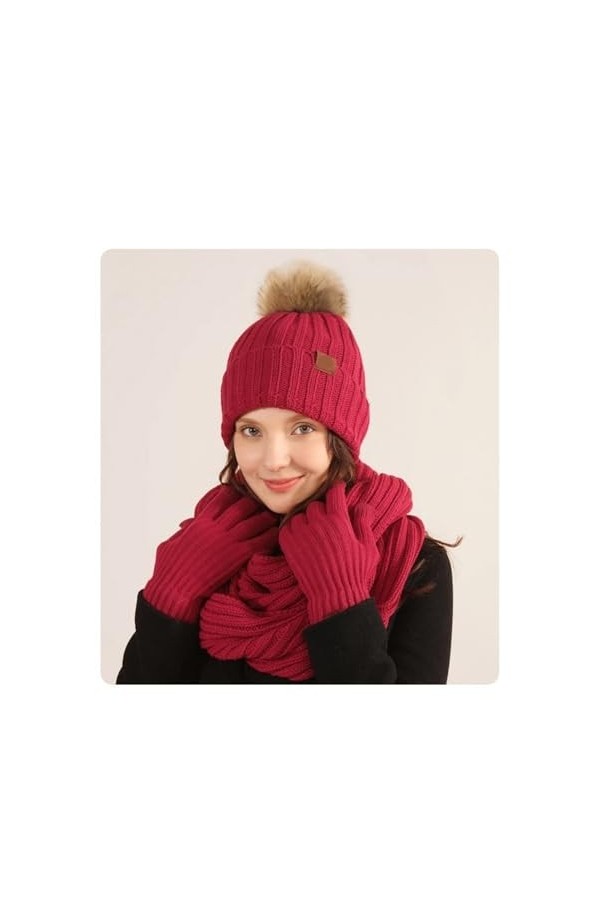 Ensemble Écharpe, Gants Et Chapeau Pour Femme - Bonnet Tricoté Chaud De Couleur Unie, Écharpe Longue Classique À Pompon Migno