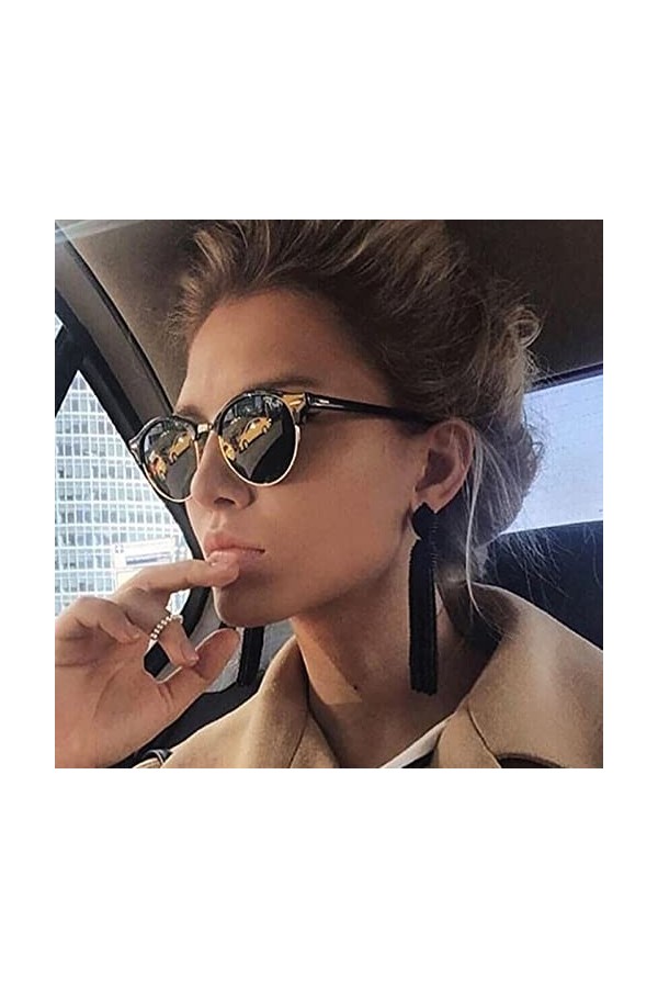 RCJOLLZ Lunettes de Soleil Rondes Demi-Monture Femmes Vintage&nbsp;&nbsp;&nbsp;Lunettes de Soleil lentille Claire rétro Rivet Marque Lunette