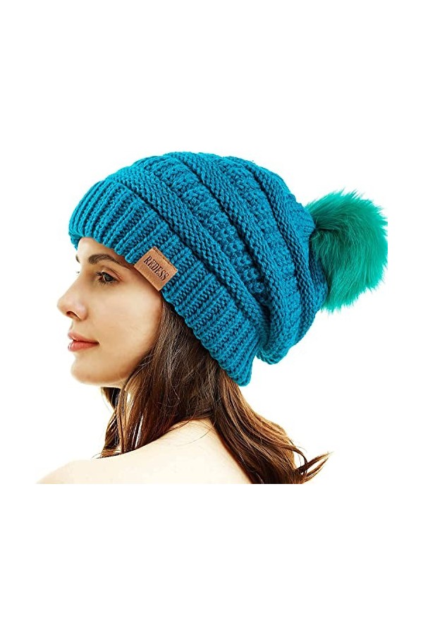 REDESS Bonnet dhiver à Pompons pour Femme Doublure Polaire Chaude Épais Slouchy Snow Knit Chunky Baggy Skull Ski Cap
