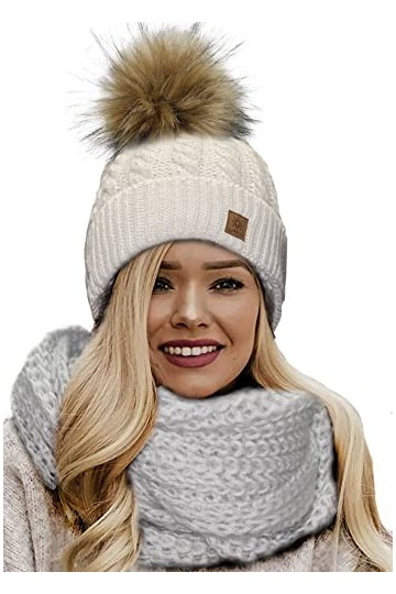 4sold Femme Set Bonnet et écharpe Mohair dhiver Wool Chapeau Hat Grande Faux Pom Pom Bonnet dhiver Chaud Doublure Polaire -