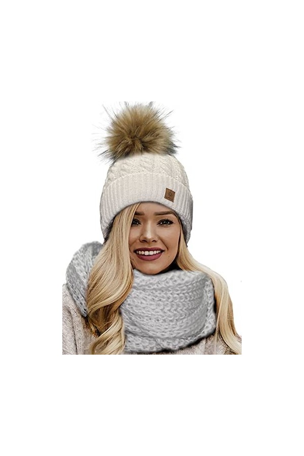 4sold Femme Set Bonnet et écharpe Mohair dhiver Wool Chapeau Hat Grande Faux Pom Pom Bonnet dhiver Chaud Doublure Polaire -