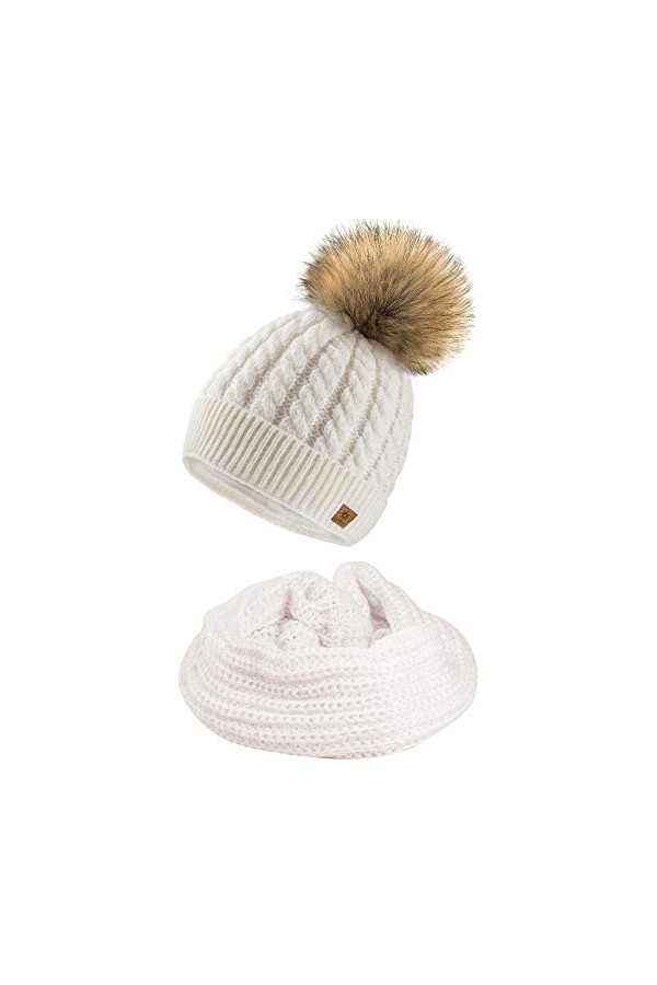 4sold Femme Set Bonnet et écharpe Mohair dhiver Wool Chapeau Hat Grande Faux Pom Pom Bonnet dhiver Chaud Doublure Polaire -
