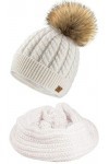 4sold Femme Set Bonnet et écharpe Mohair dhiver Wool Chapeau Hat Grande Faux Pom Pom Bonnet dhiver Chaud Doublure Polaire -