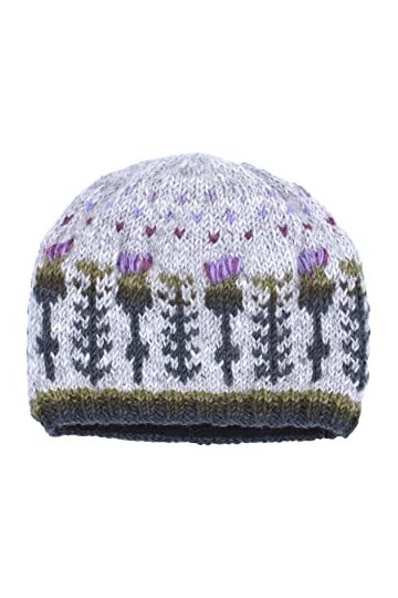 Bonnet en laine tricoté à la main pour femme Motif chardon écossais Multicolore Taille unique, Avoine, vert, lilas, violet, M