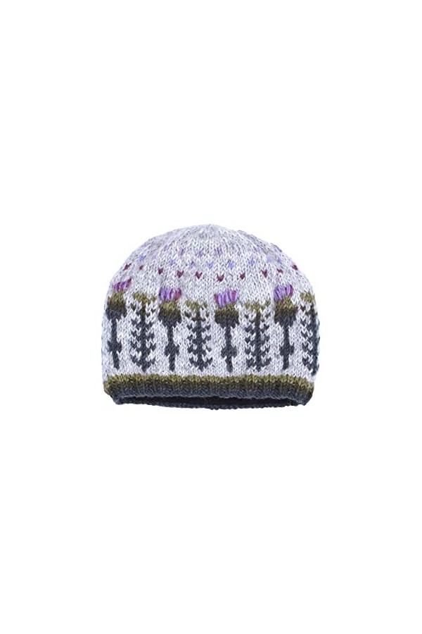 Bonnet en laine tricoté à la main pour femme Motif chardon écossais Multicolore Taille unique, Avoine, vert, lilas, violet, M