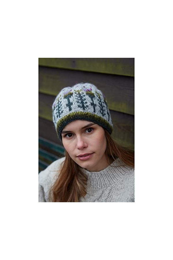Bonnet en laine tricoté à la main pour femme Motif chardon écossais Multicolore Taille unique, Avoine, vert, lilas, violet, M