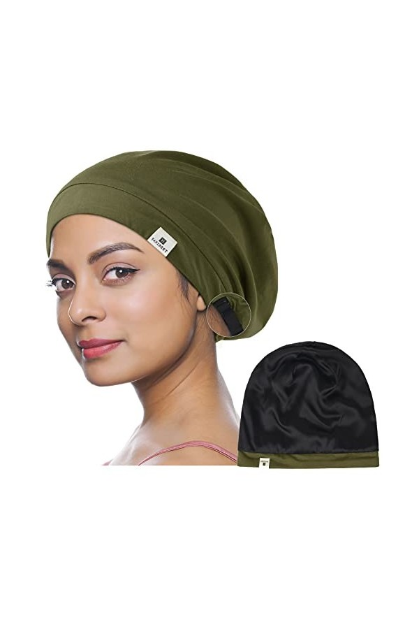 YANIBEST Bonnet de sommeil rembourré en soie - Extra large - Pour femme - Vert armée